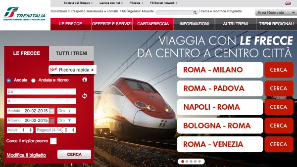 Screenshot dal sito di Trenitalia