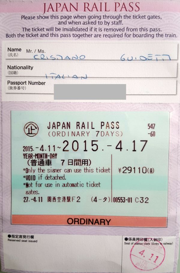 Il retro del Japan Rail Pass con le date di validazione