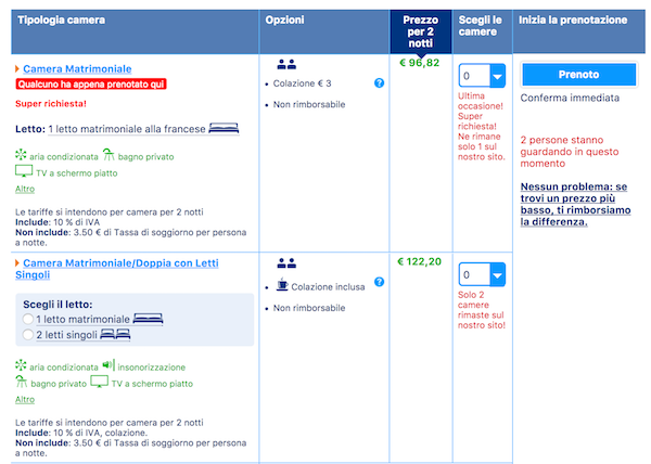 La fase di scelta camera in Booking