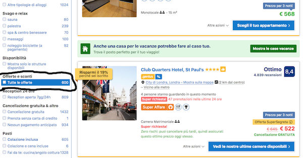 Il filtro offerte su Booking