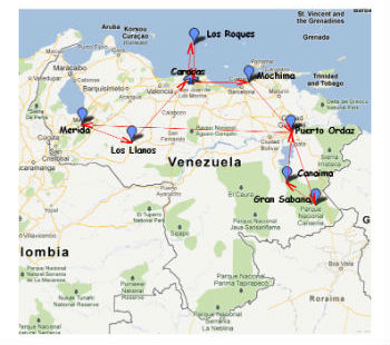 Mappa del viaggio in Venezuela