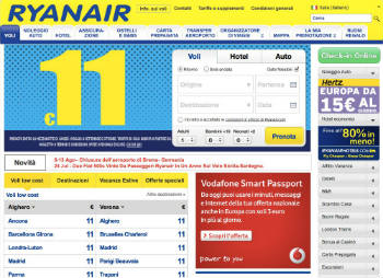 Screenshot sito Ryanair