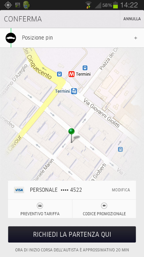Screenshot dell'App di Uber